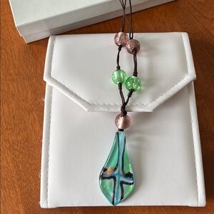 Elegant Green and Pink Pendant Necklace, with Gift Pouch and Box